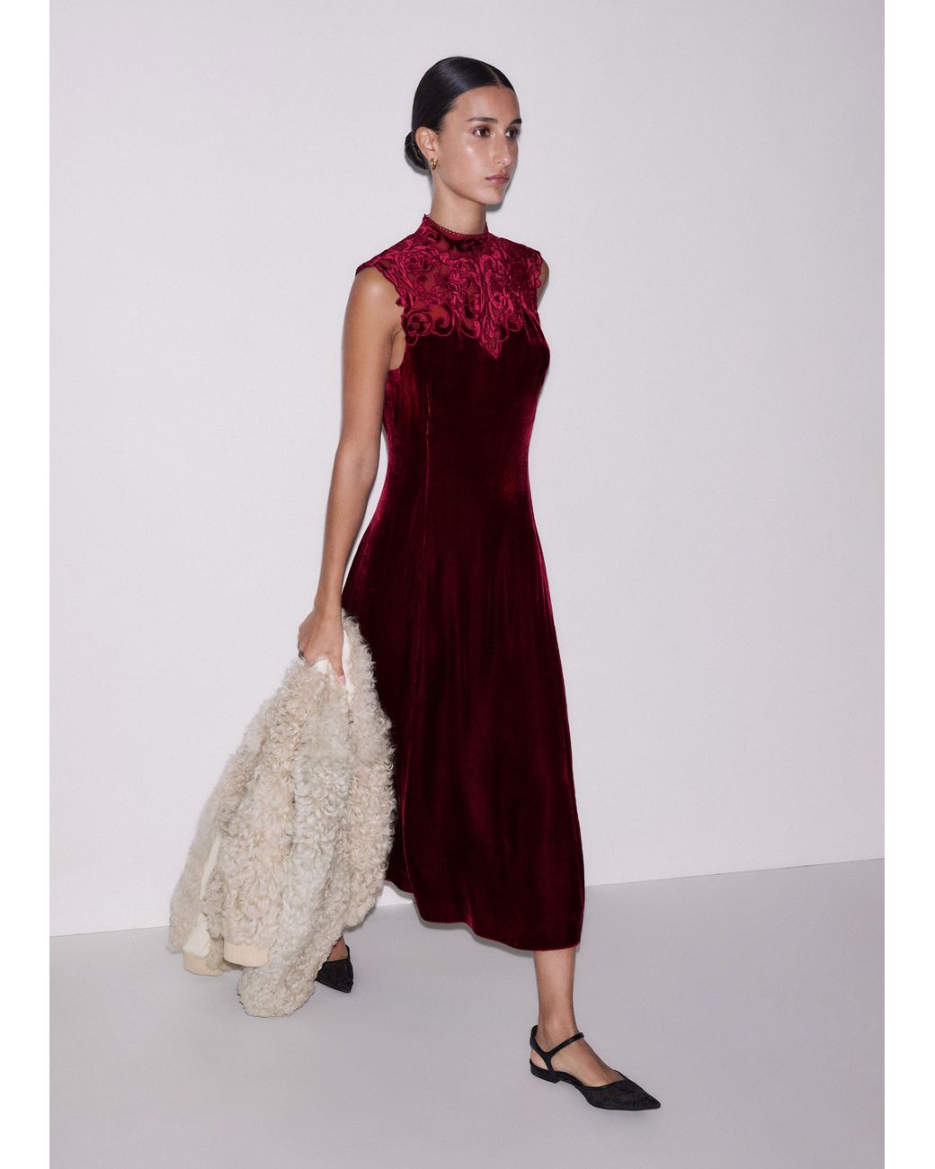 ME+EM Silk Blend Velvet Embroidered Midi Dress