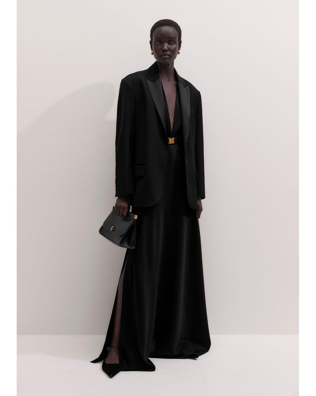 ME+EM Black Satin Draped Evening Full Length Dress + Modesty Panel
