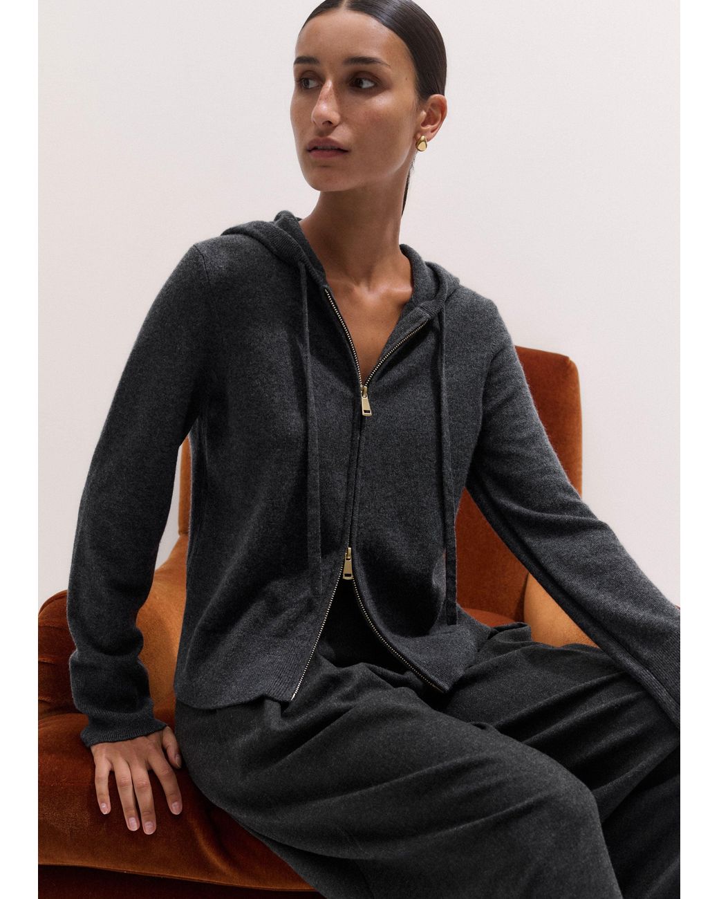 ME+EM Black Cashmere Two Way Zip Straight Hoody Dark Charcoal Melange