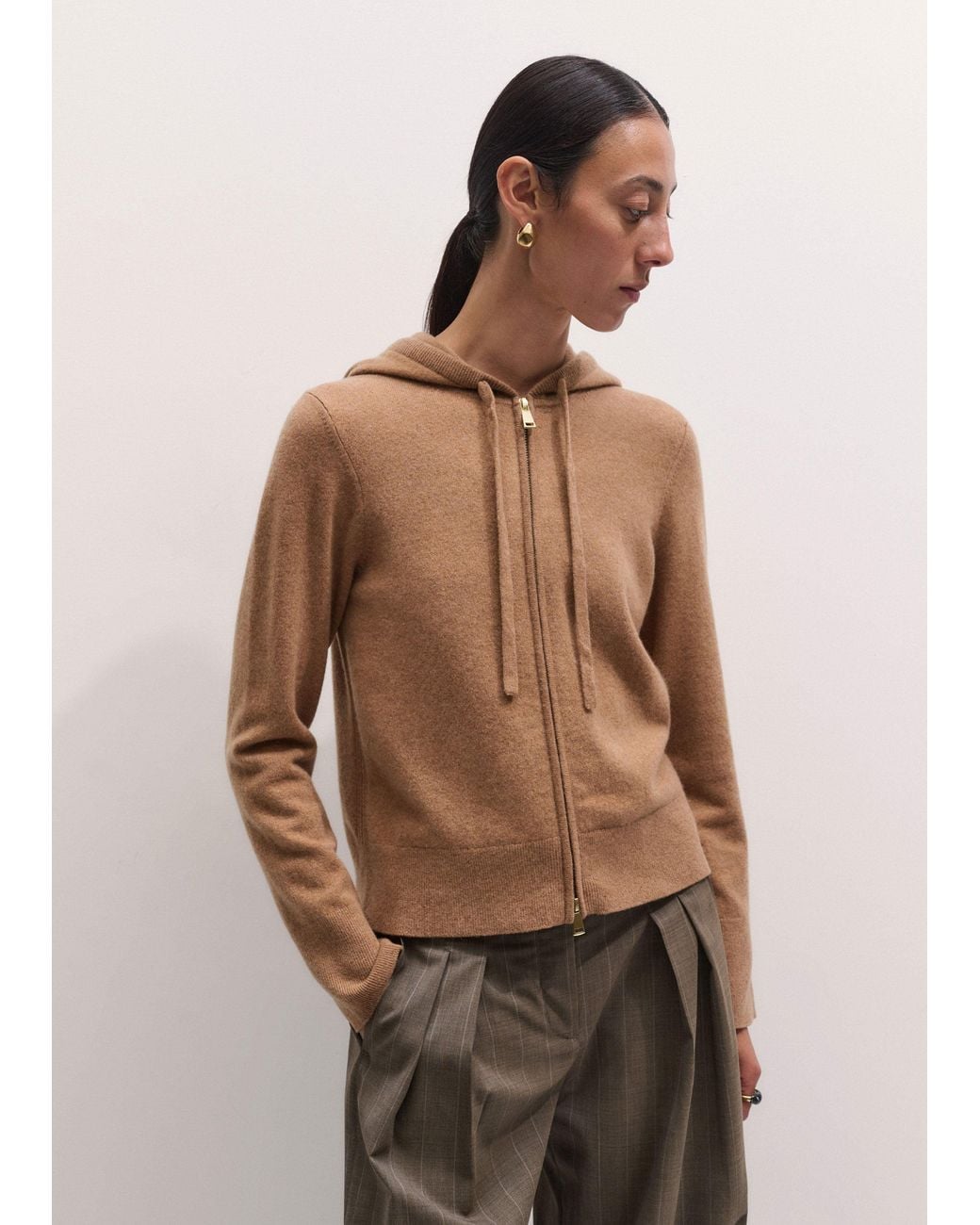 ME+EM Brown Cashmere Two Way Zip Straight Hoody Camel Melange