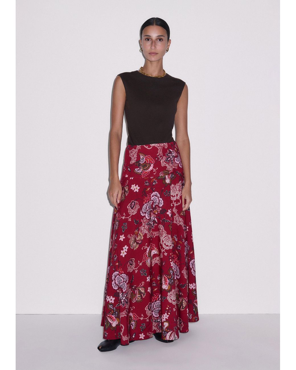 ME+EM Red Grand Paisley Print Full Length Skirt Light Cream-Multi