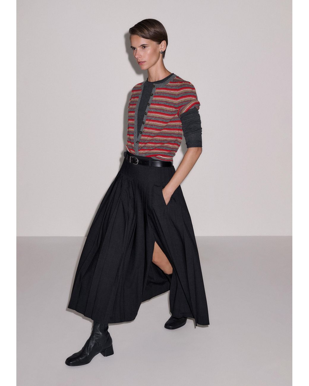 ME+EM Multicolor Pouf Sleeve Striped Cashmere Button Through Tee