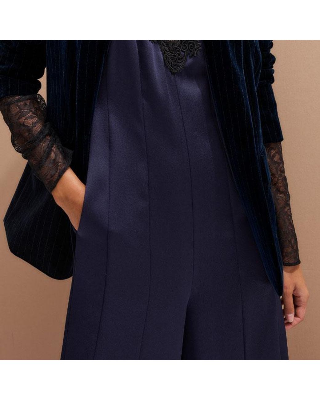 ME+EM Blue Lace + Satin Back Crepe Wideleg Jumpsuit + Belt