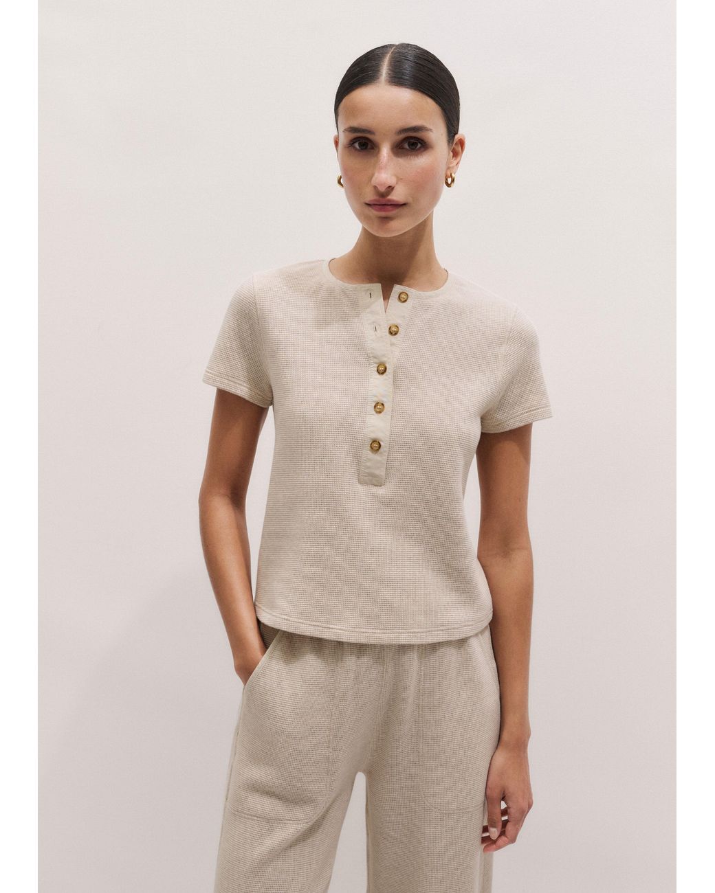 ME+EM Natural Button Down Waffle Baby Tee
