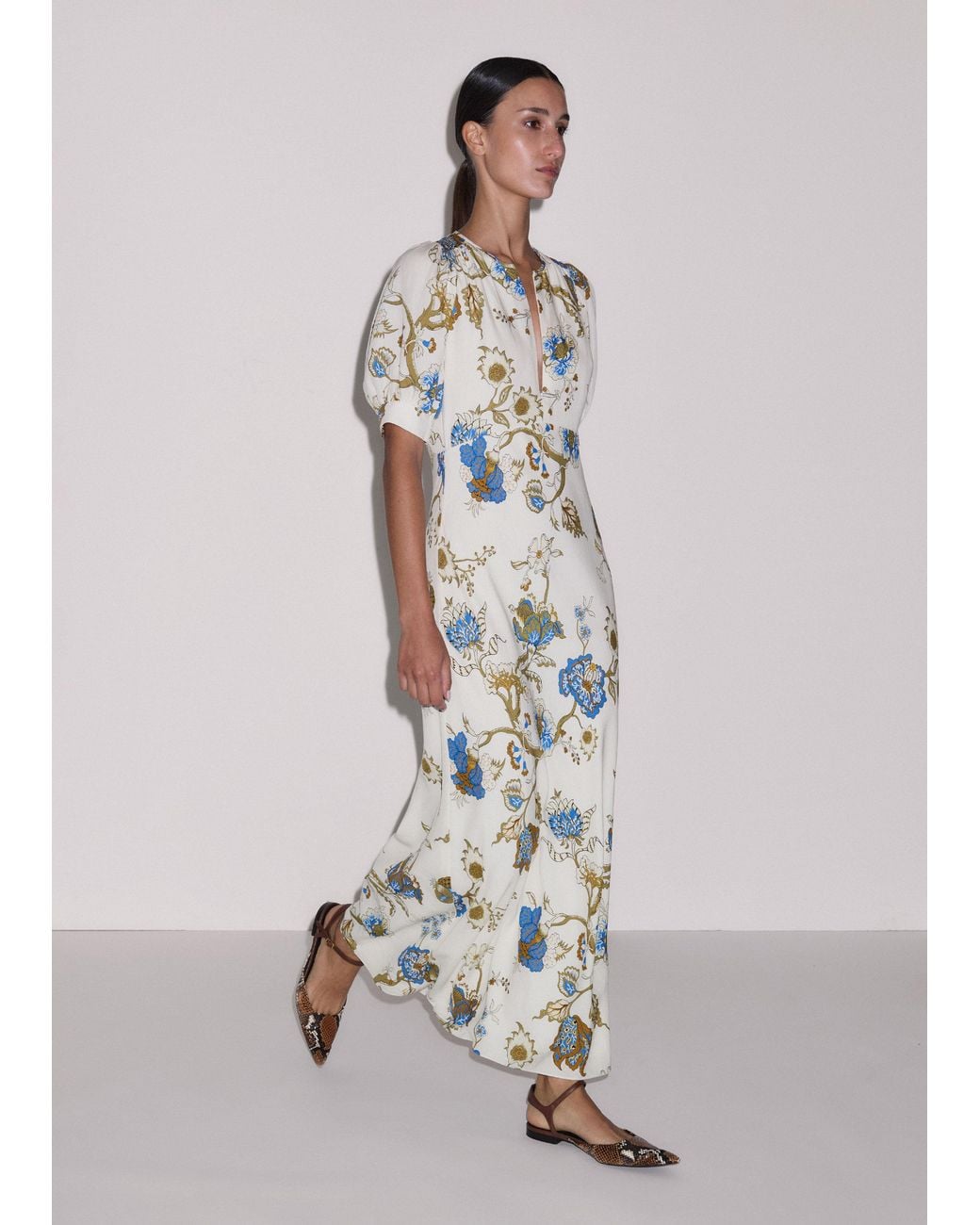 ME+EM Natural Floral Garden Print Bias Cut Maxi Dress + Cami Light Cream-Multi