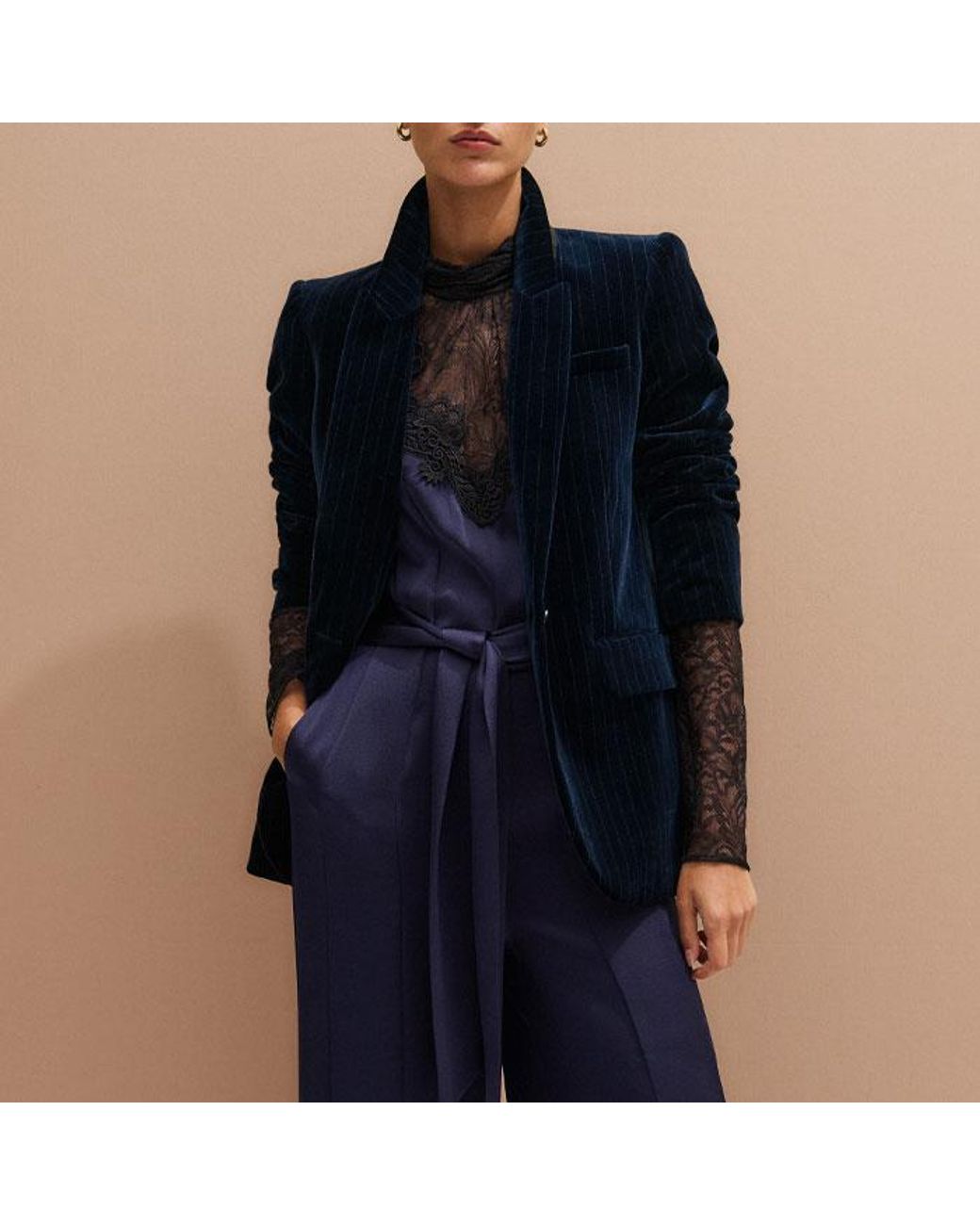 ME+EM Blue Lace + Satin Back Crepe Wideleg Jumpsuit + Belt