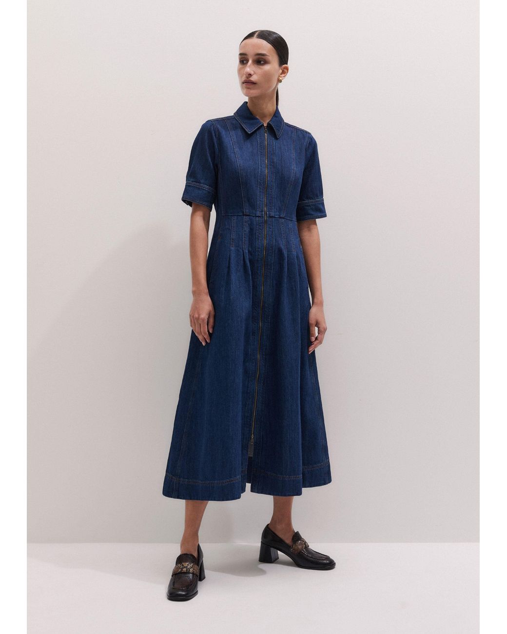 ME+EM Blue Denim Fit And Flare Midi Dress