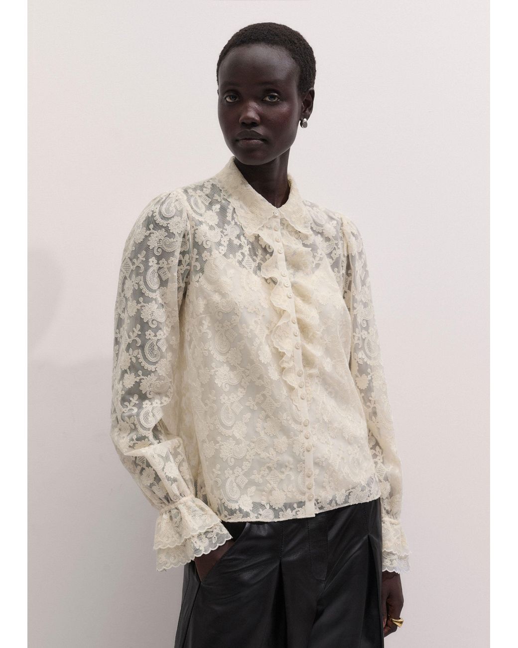ME+EM Natural Embroidered Tulle Ruffle Blouse + Cami