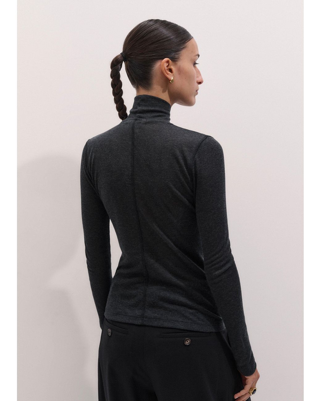 ME+EM Black Slim High Neck Layering Top Charcoal Melange