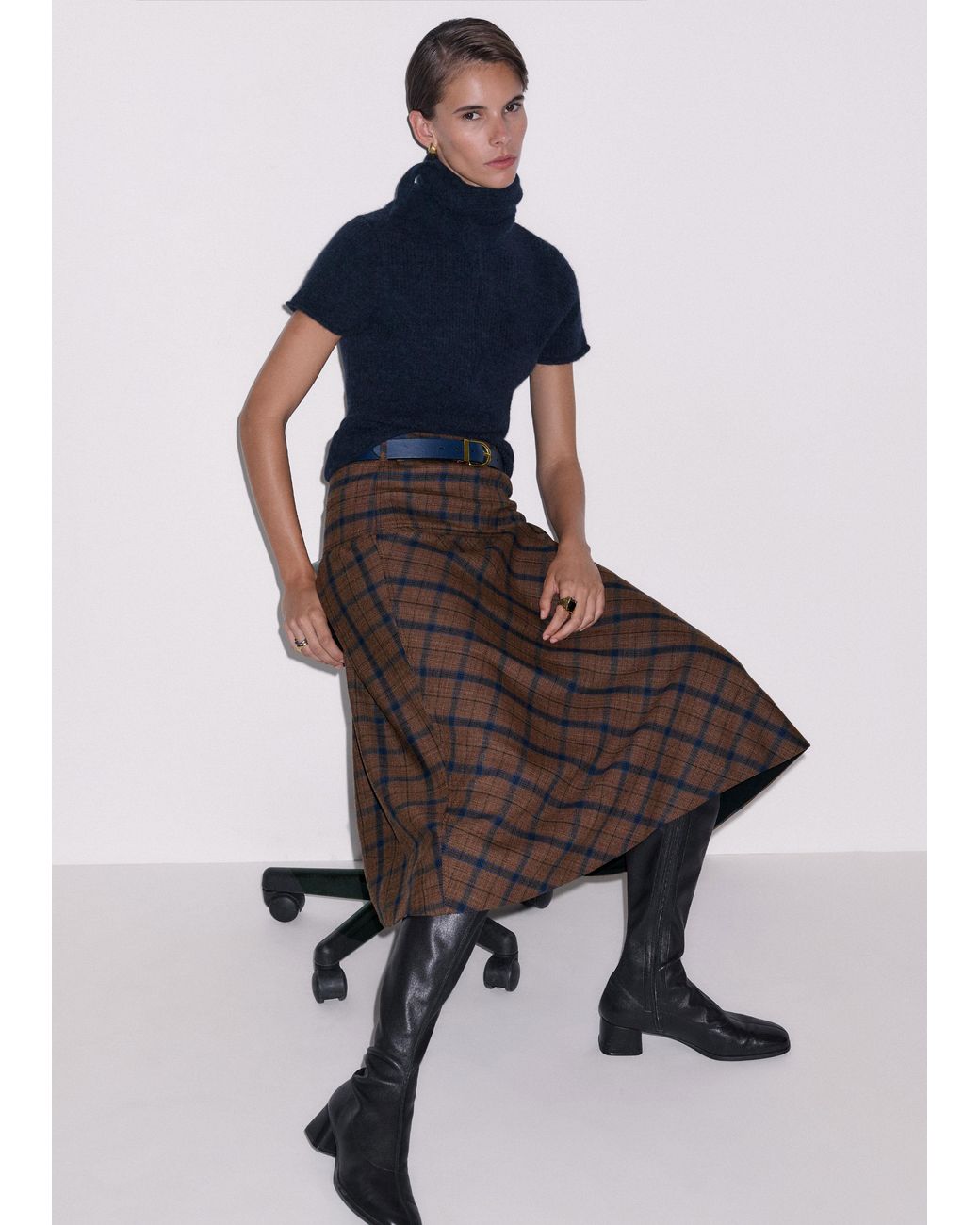 ME+EM Brown Check Fit And Flare Midi Skirt