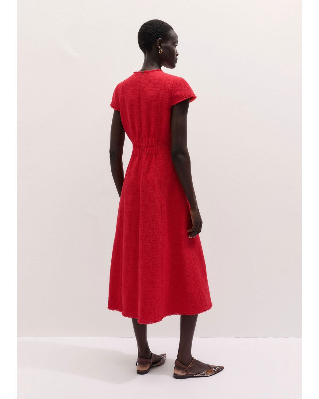 ME+EM Red Fringe Detail Fit And Flare Midi Dress Rose Petal