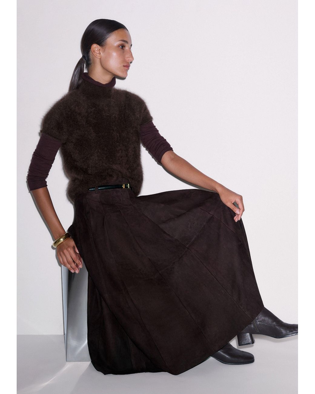 ME+EM Black Suede Pleated Maxi Skirt