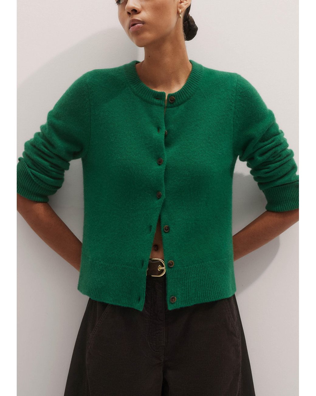 ME+EM Green Cashmere Straight Buttoned Cardigan