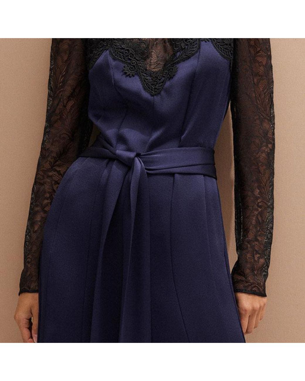 ME+EM Blue Lace + Satin Back Crepe Wideleg Jumpsuit + Belt