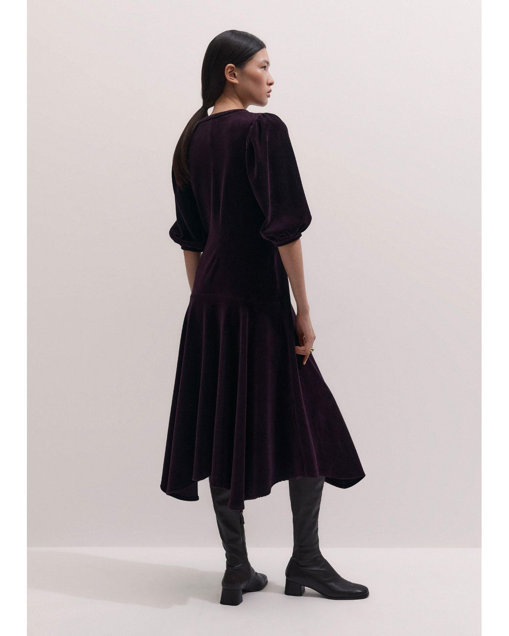 ME+EM Blue Cord Velour Handkerchief Hem Midi Dress