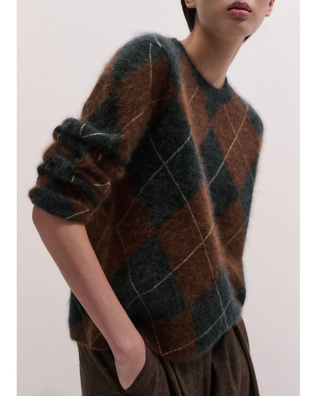 ME+EM Brown Graphic Argyle Brushed Cashmere Jumper Pecan Melange-Charcoal