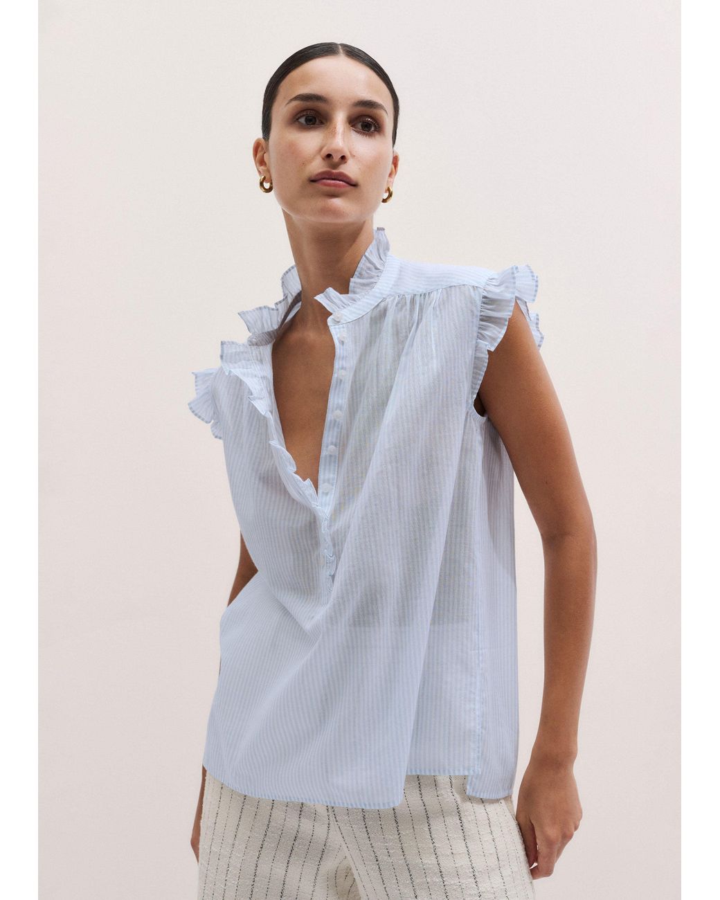 ME+EM Multicolor Cotton Voile Stripe Frill Sleeve Blouse