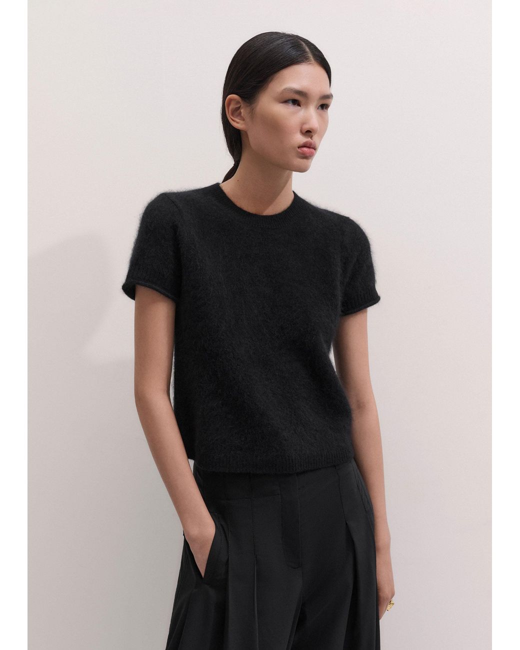 ME+EM Black Brushed Wool Shrunken Baby Tee