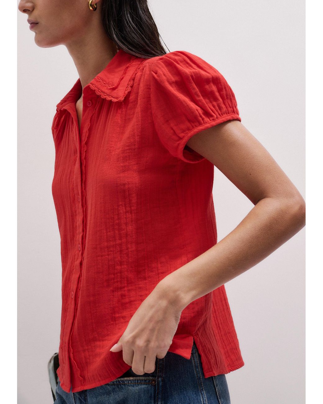 ME+EM Red Cheesecloth Cap-Sleeve Blouse
