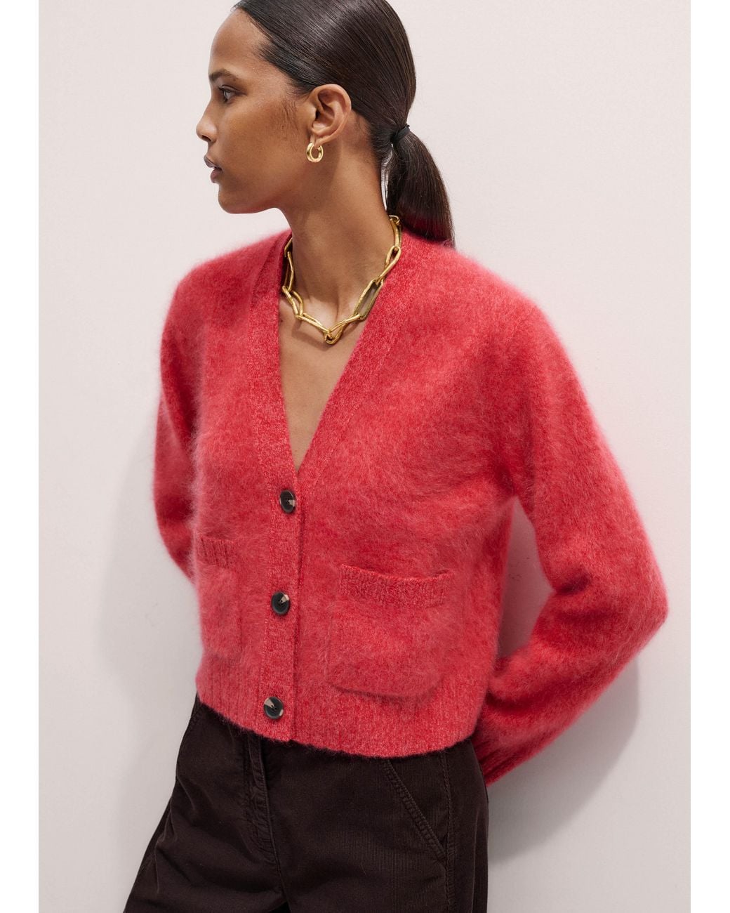 ME EM Brushed Cashmere Relaxed Moulin V Neck Cardigan True Scarlet me-em-brushed-cashmere-relaxed-moulin-v-neck-cardigan-true-scarlet