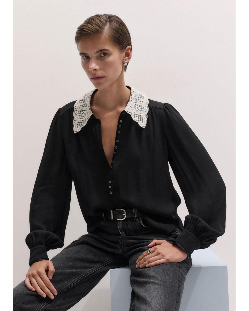 ME+EM Black Lace Collar Blouse-Light Cream