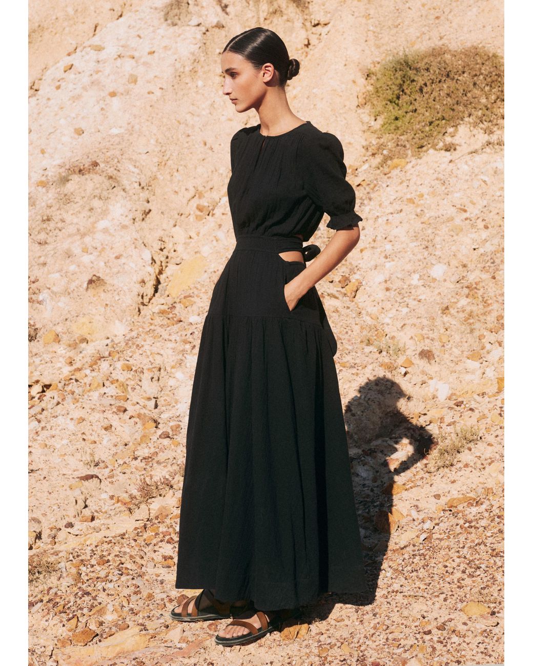cheesecloth cut out full-length dress ME+EM Cheesecloth Cut Out Full-Length Dress in Black