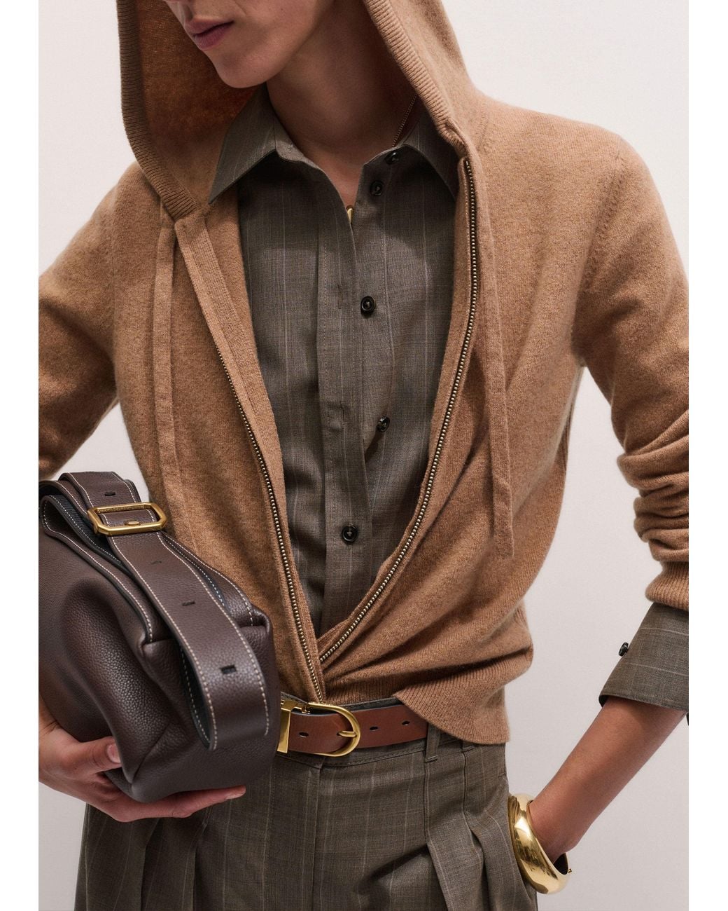 ME+EM Brown Cashmere Two Way Zip Straight Hoody Camel Melange
