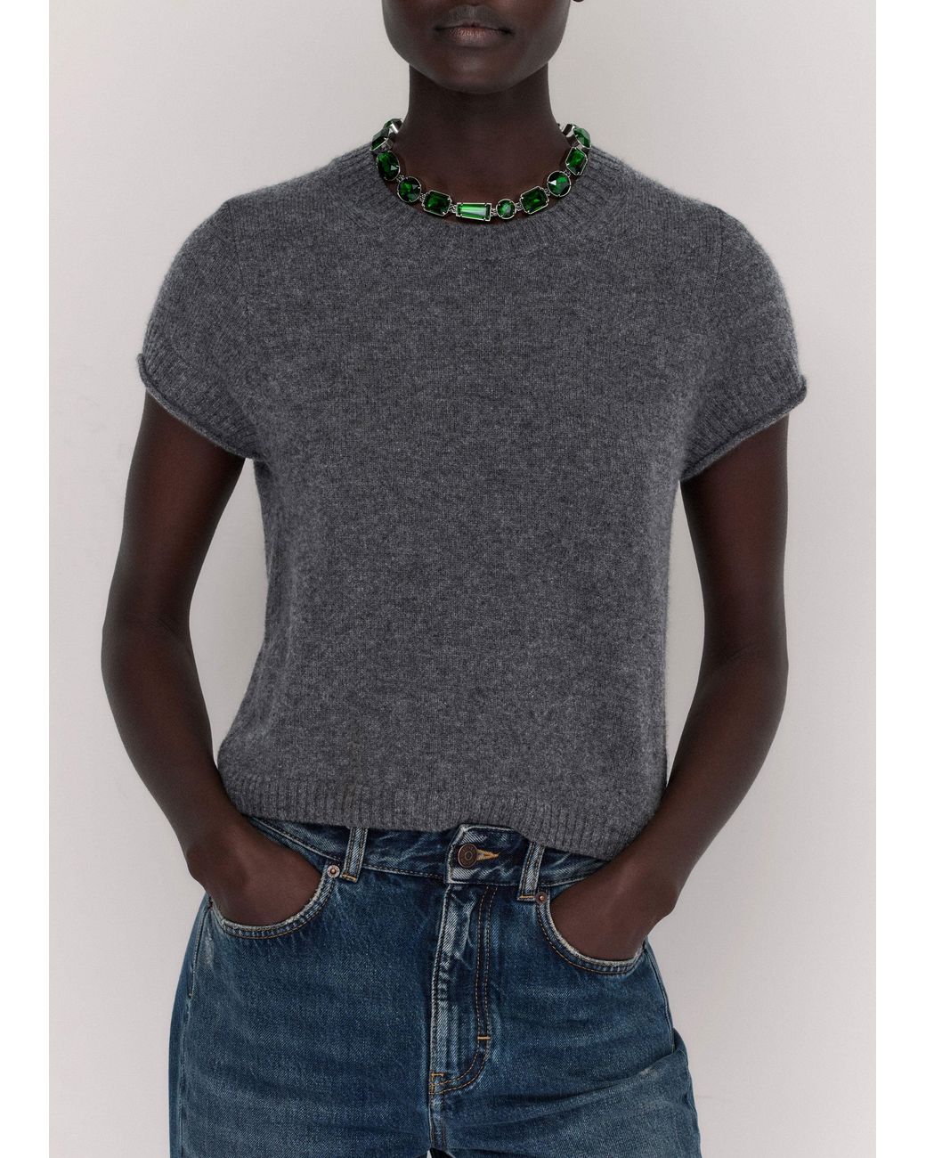 ME+EM Gray Cashmere Shrunken Knit Baby Tee Mid Melange