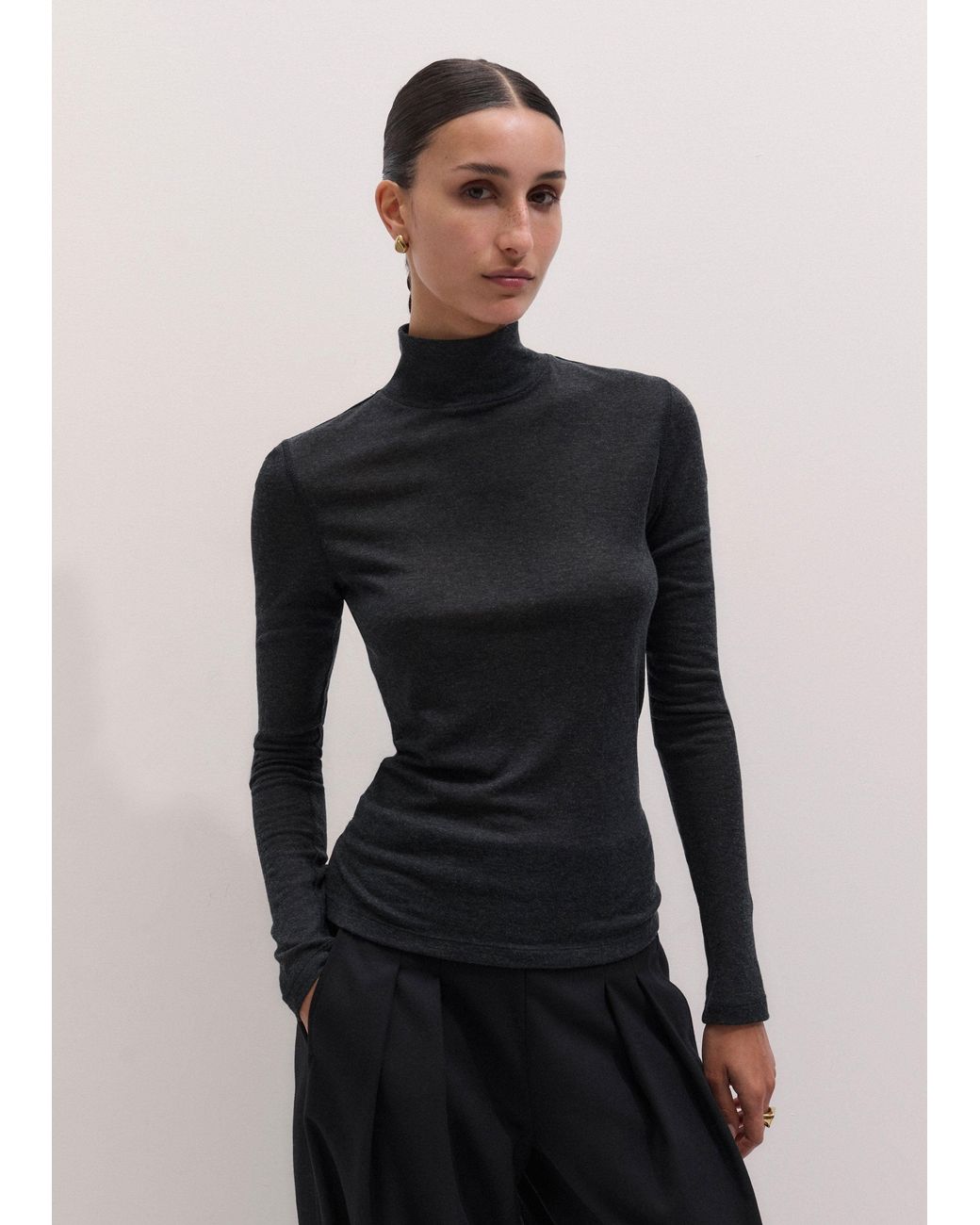 ME+EM Black Slim High Neck Layering Top Charcoal Melange