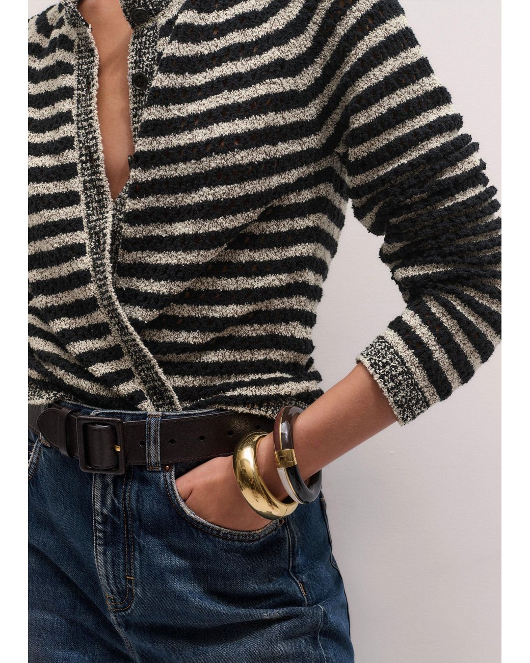 ME+EM Black Textured Stripe Cardigan-Cream