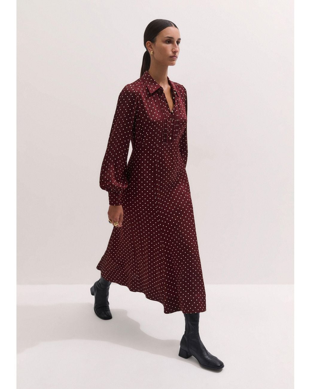 ME+EM Purple Winter Polka Dot Print Fit And Flare Midi Dress Wine-Cream