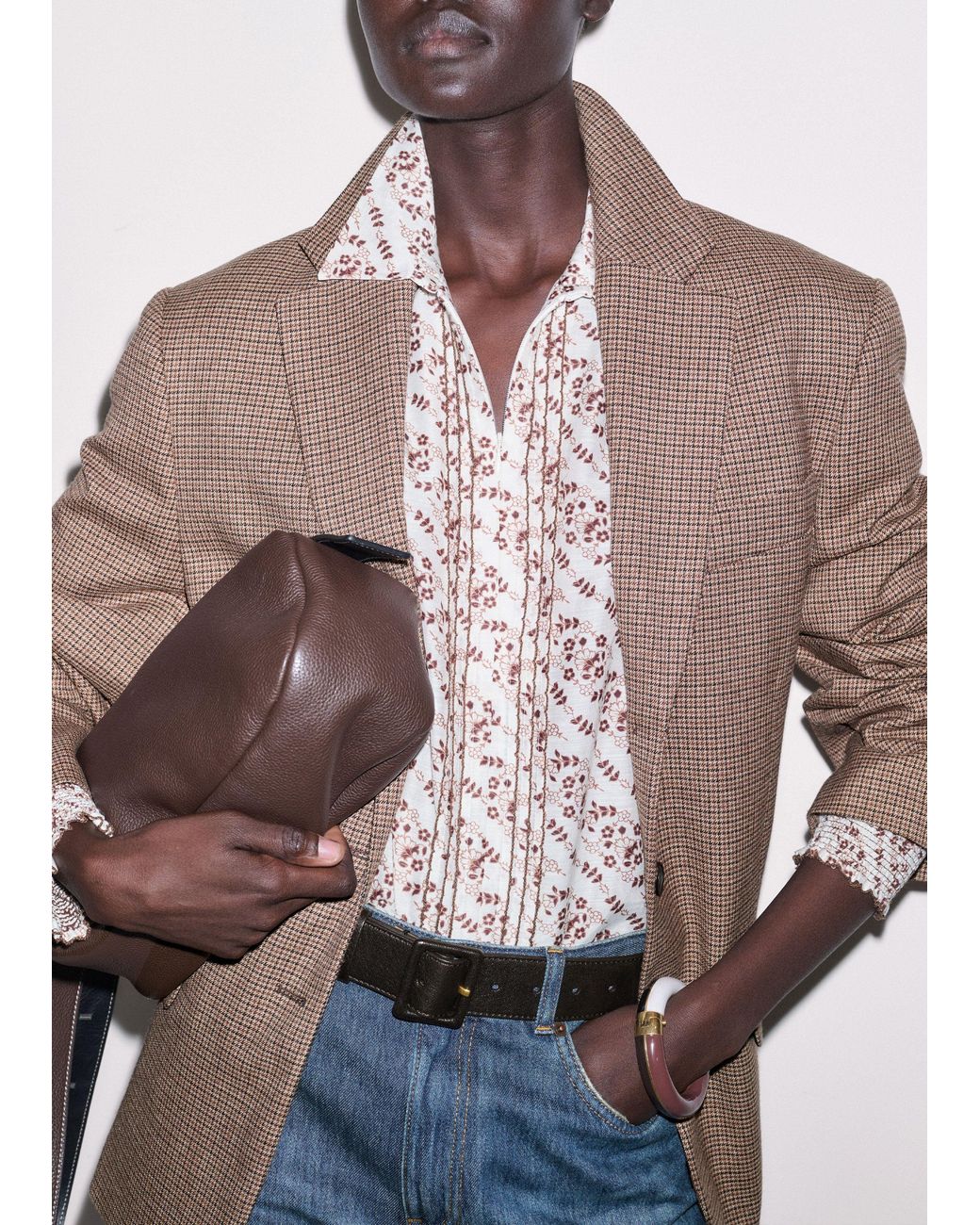 ME+EM Brown Diagonal Floral Print Silk Cotton Blouse
