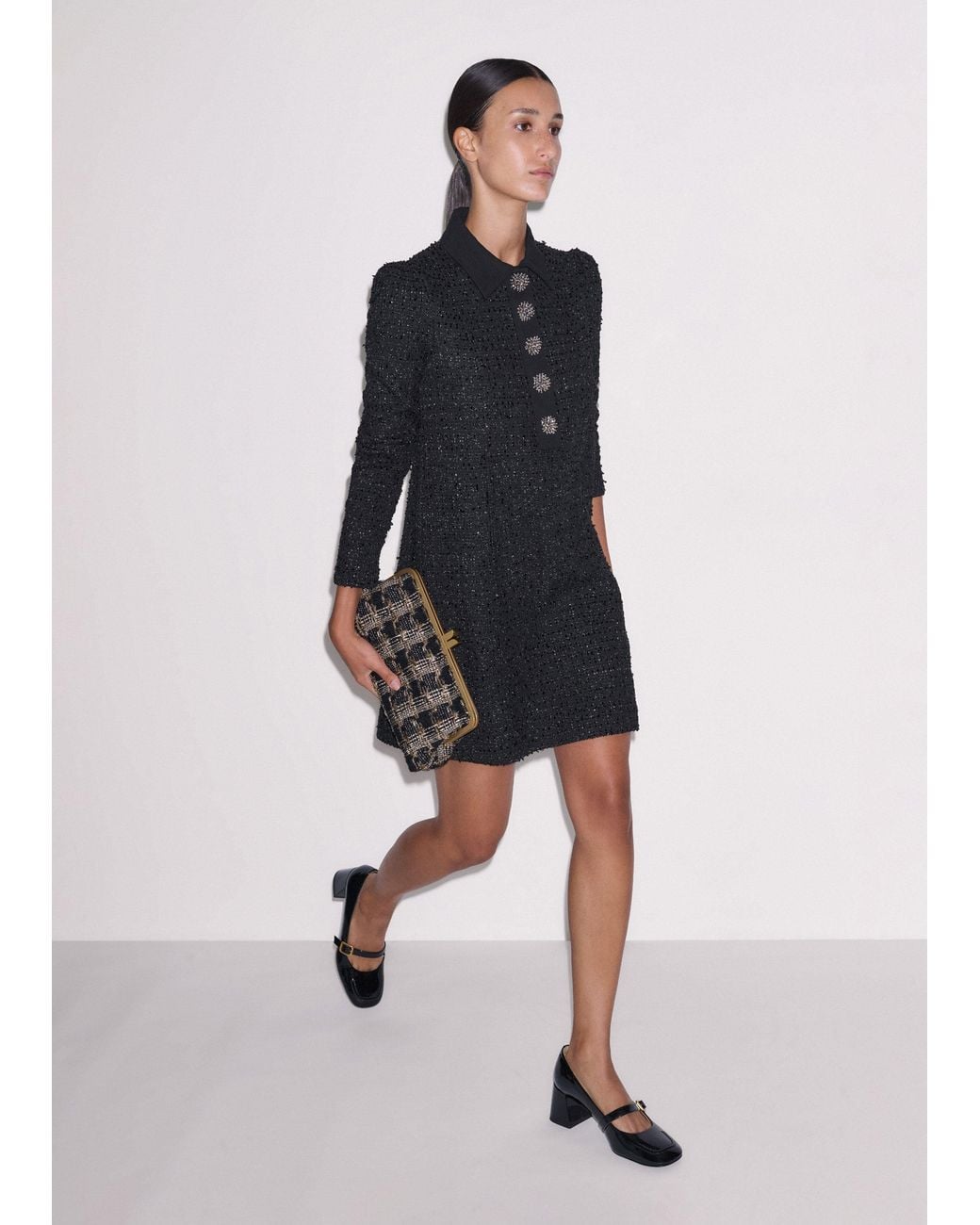 ME+EM Black Lurex Boucle Statement Button Mini Dress