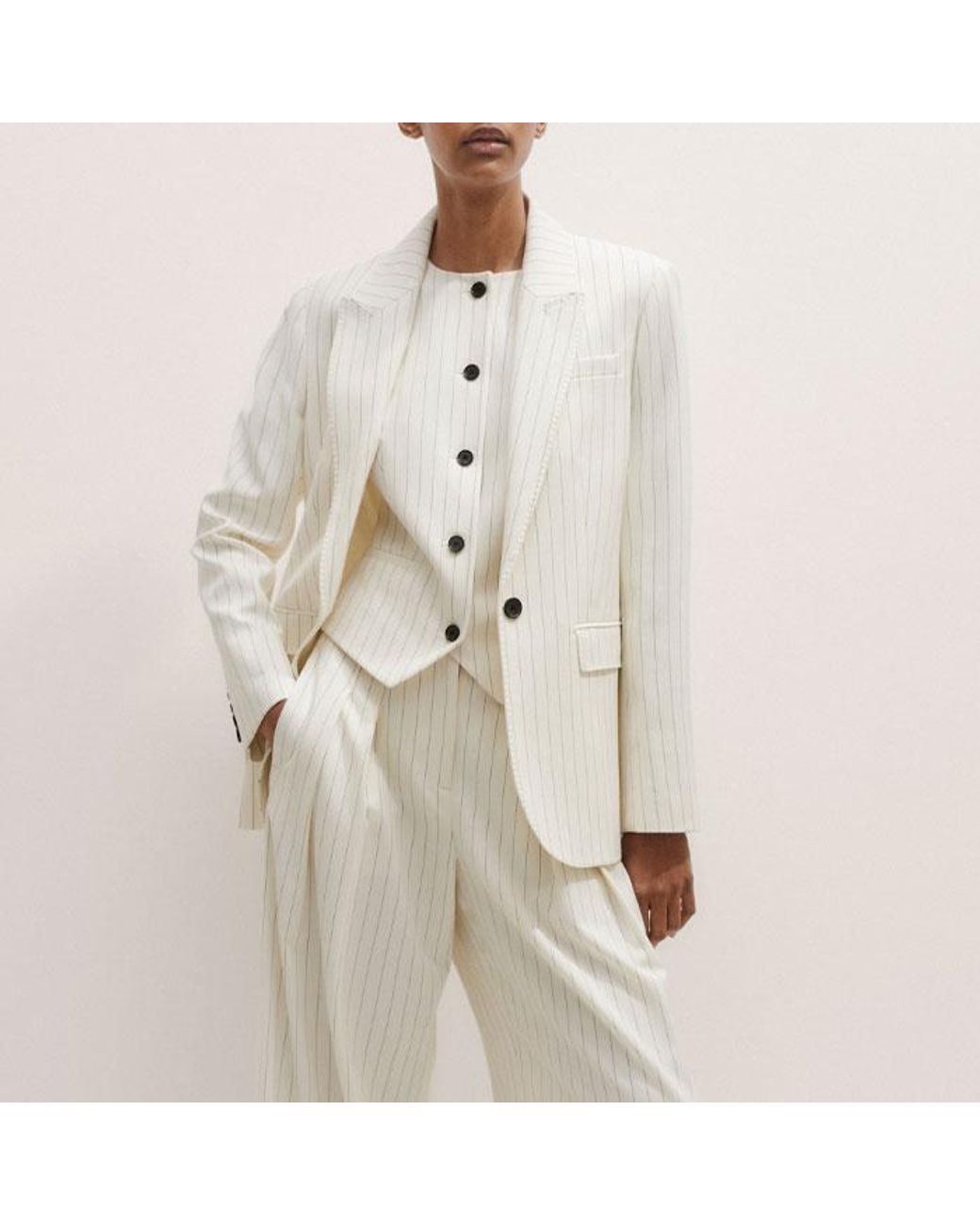 ME+EM Natural Round Neck Pinstripe Waistcoat
