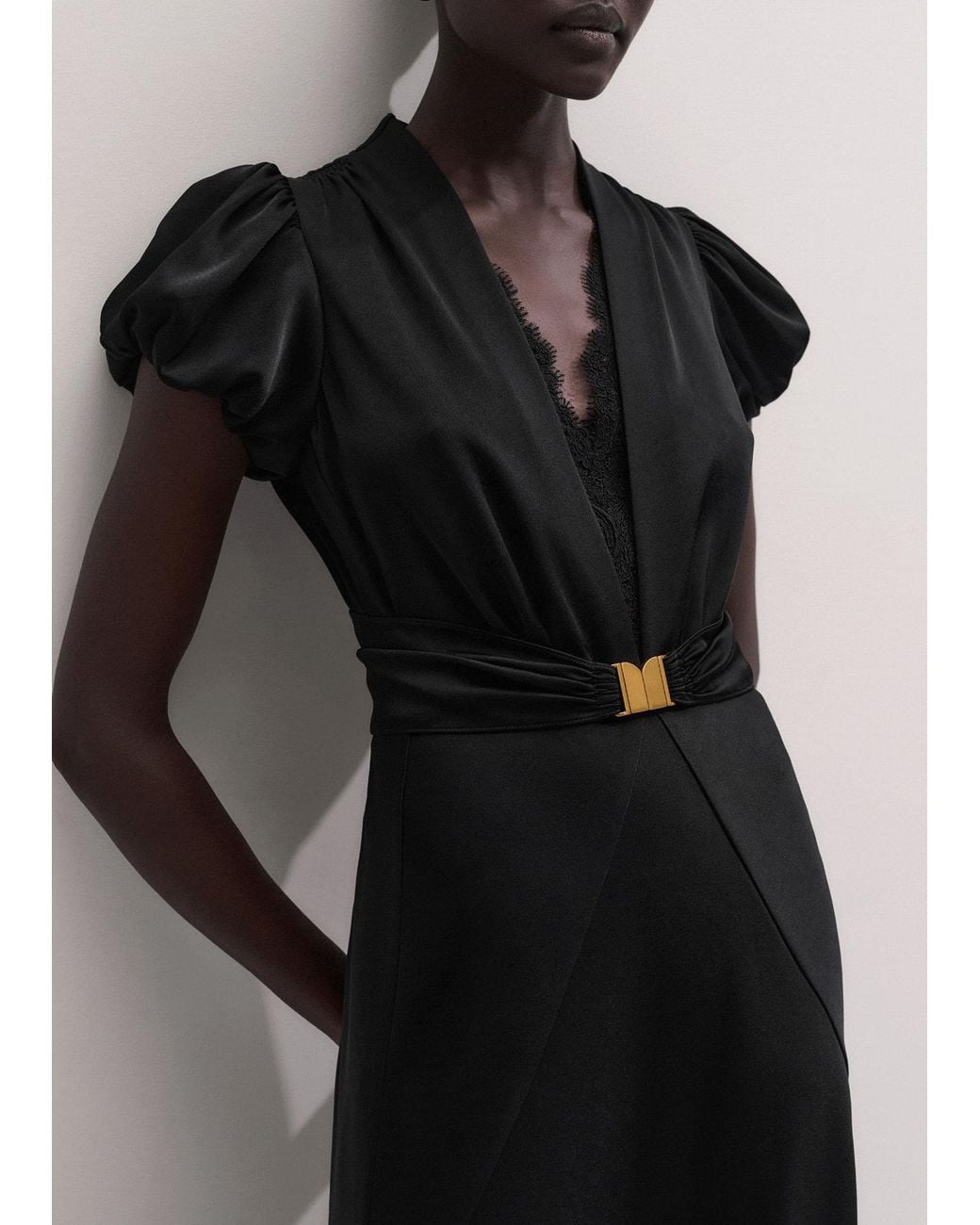 ME+EM Black Satin Draped Evening Full Length Dress + Modesty Panel