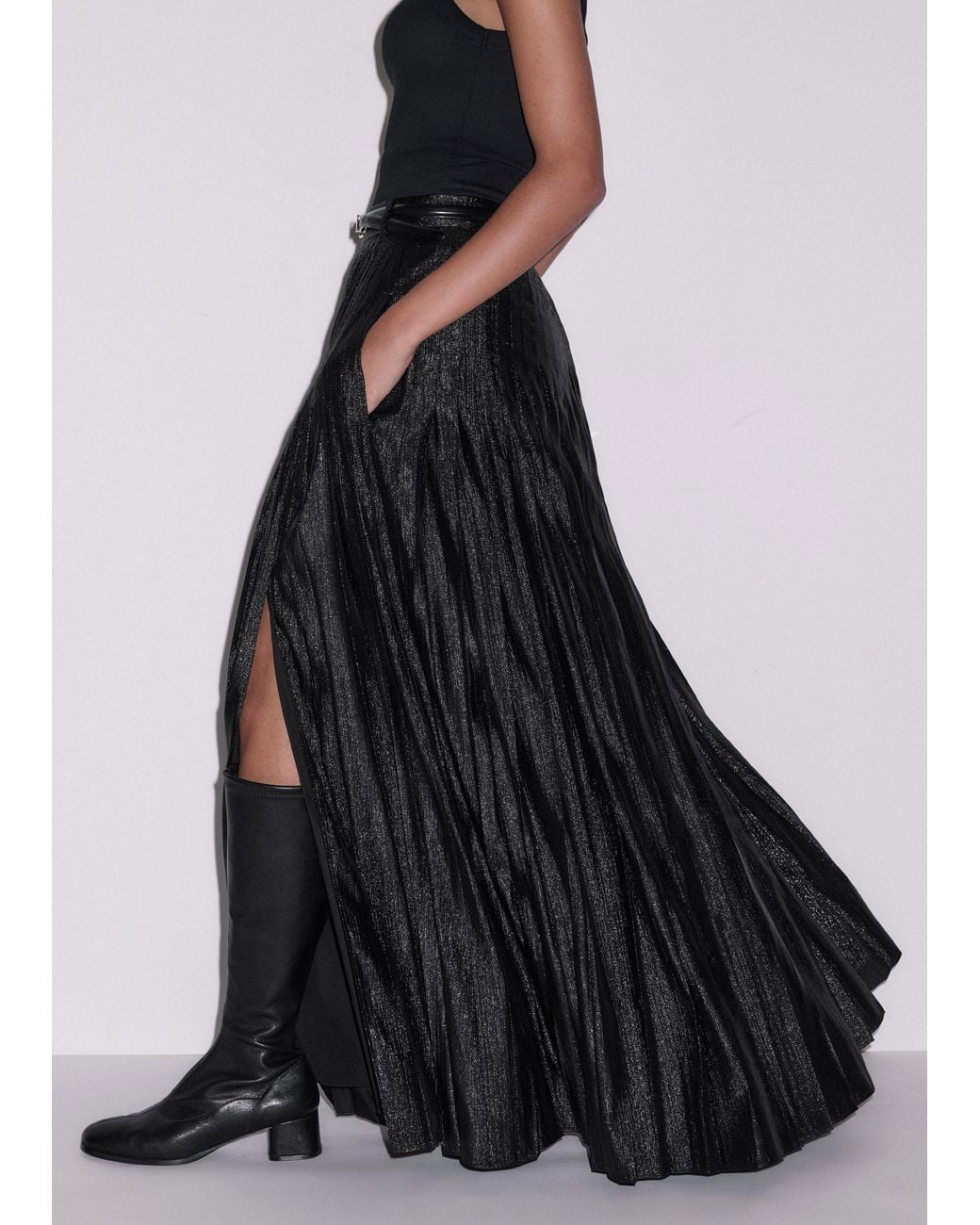 ME+EM Black Metallic Dramatic Pleated Full Length Skirt