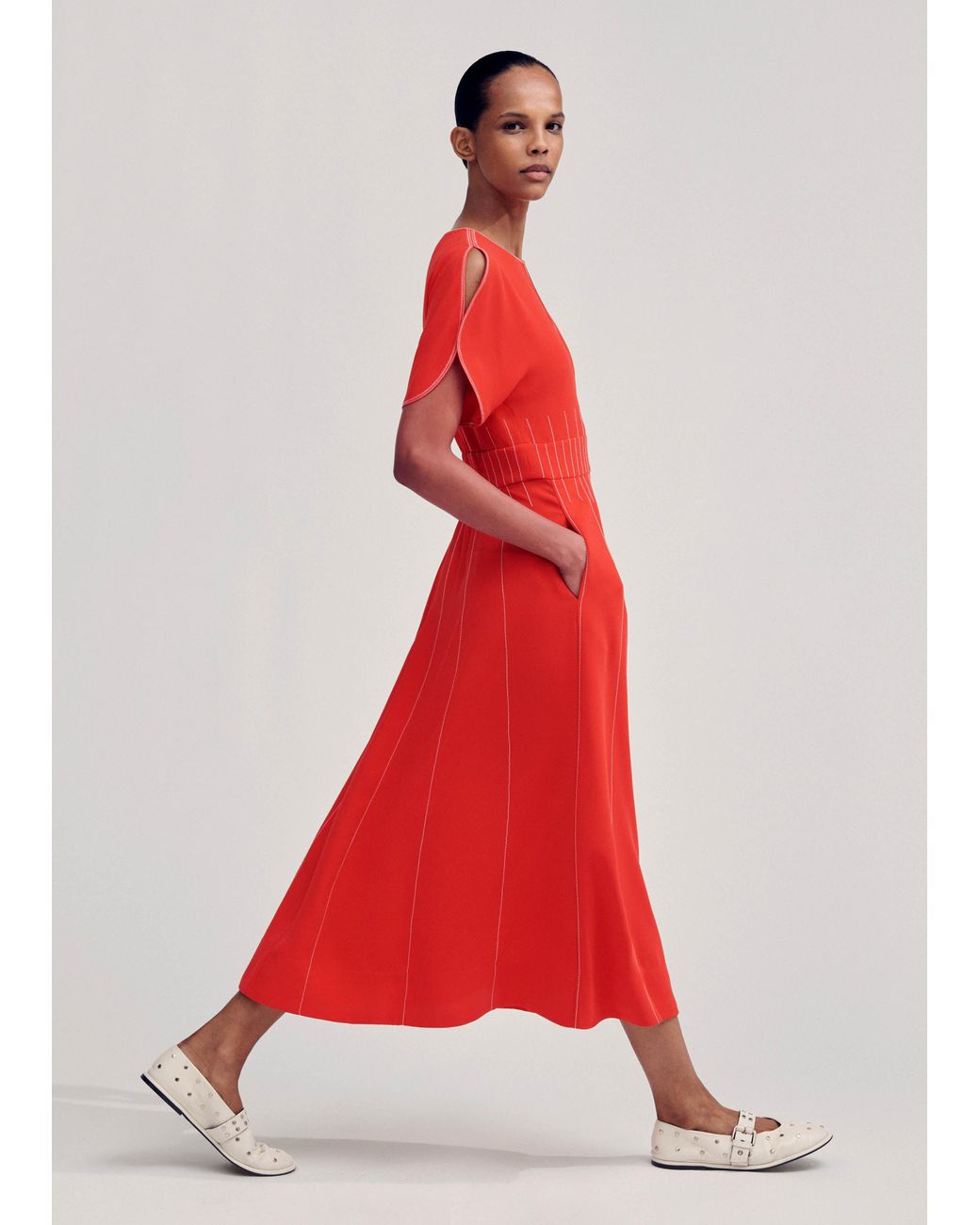 knee length dresses for ladies Red Cotton Contrast Stitch Sleeveless Midi Dress