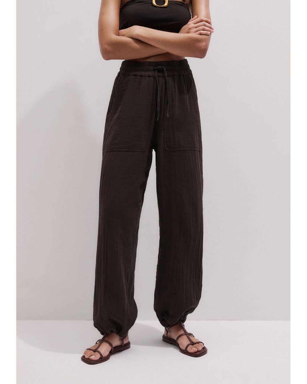 ME+EM Black Cheesecloth Drawstring Hem Trouser