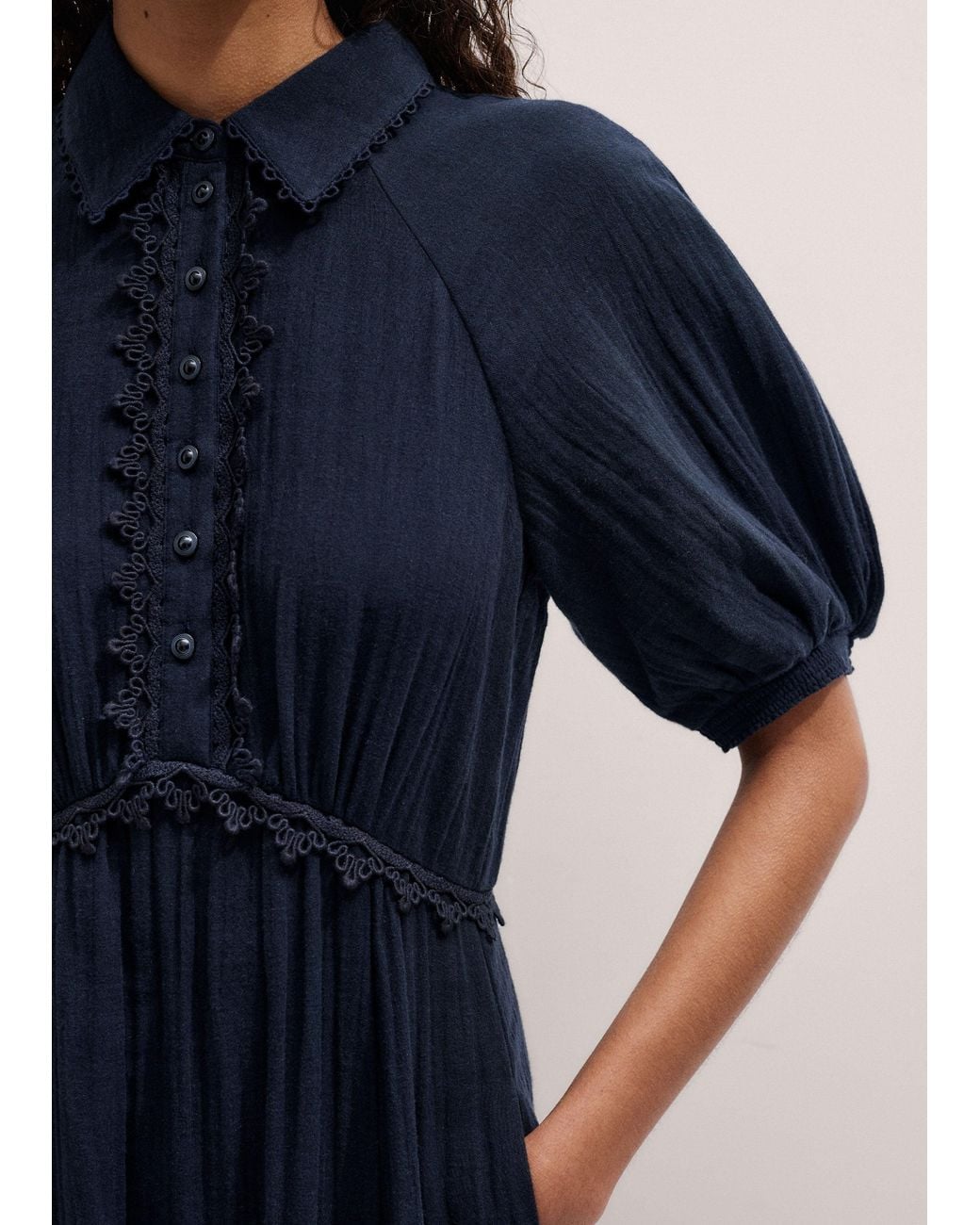 ME+EM Blue Fit & Flare Cheesecloth Intricate Detail Midi Dress