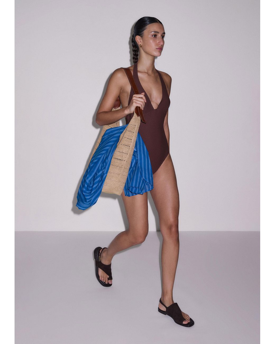 ME+EM Blue Compact Texture Halterneck Swimsuit