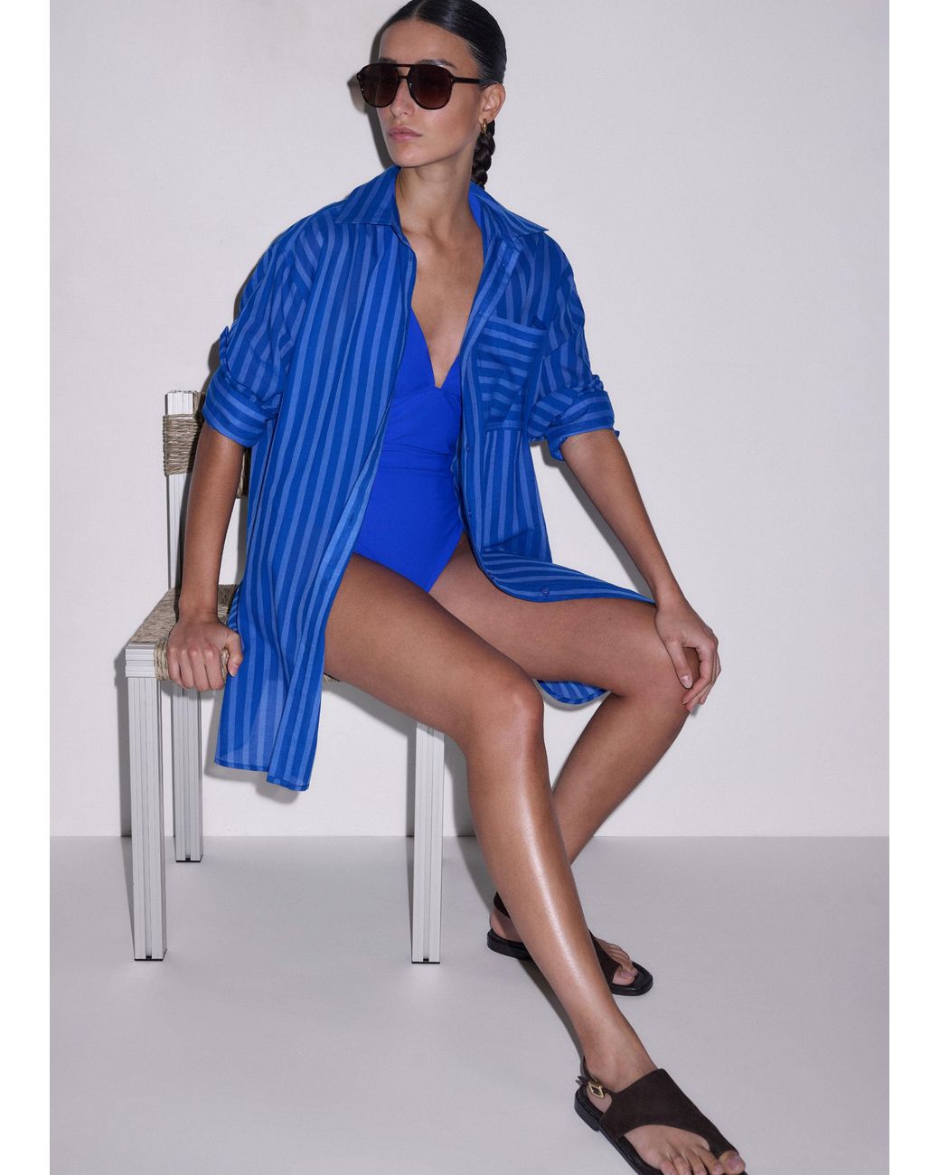 ME+EM Blue Cotton Voile Striped Beach Shirt Intense-Sky