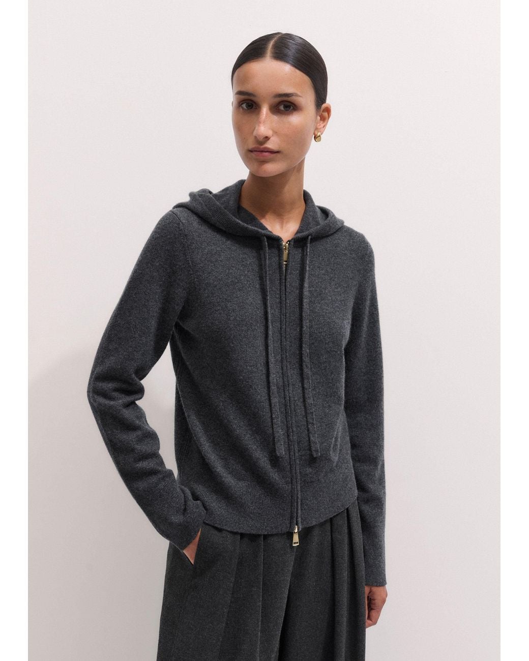 ME+EM Black Cashmere Two Way Zip Straight Hoody Dark Charcoal Melange