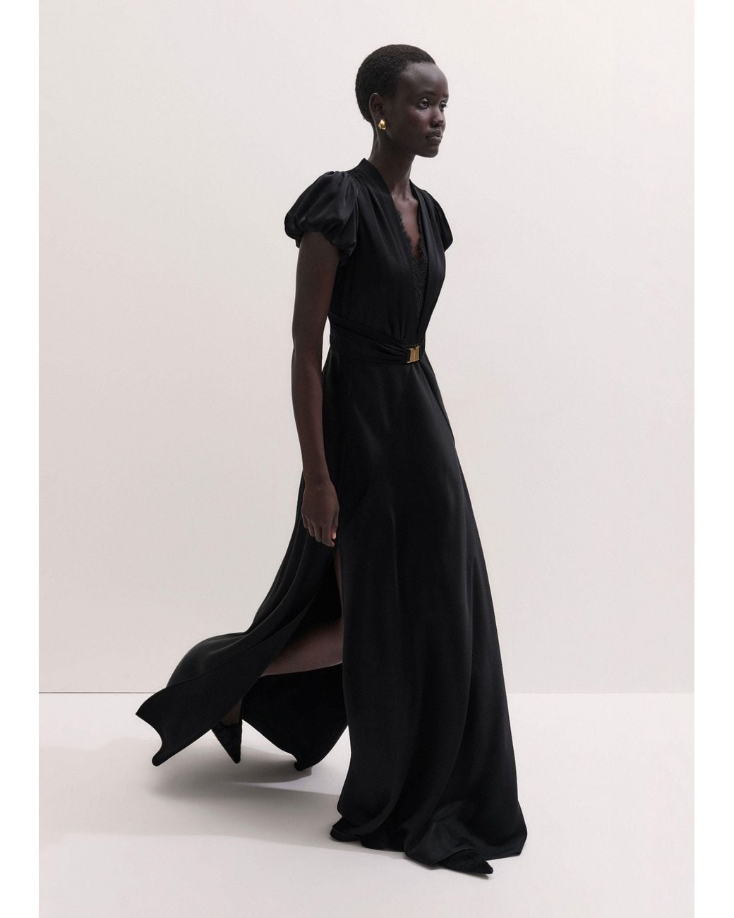 ME+EM Black Satin Draped Evening Full Length Dress + Modesty Panel