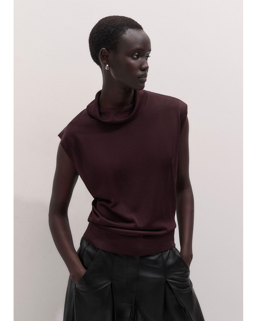 ME+EM Black Fine Silk Draped Straight Knit Tee