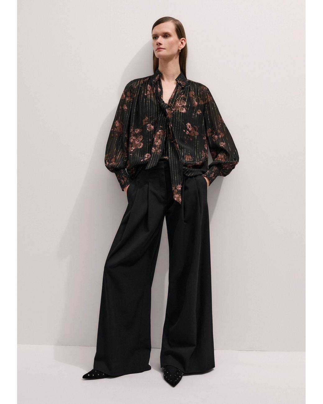 ME+EM Black Silk Blend Watercolour Print Swing Blouse With Tie + Cami/Multi