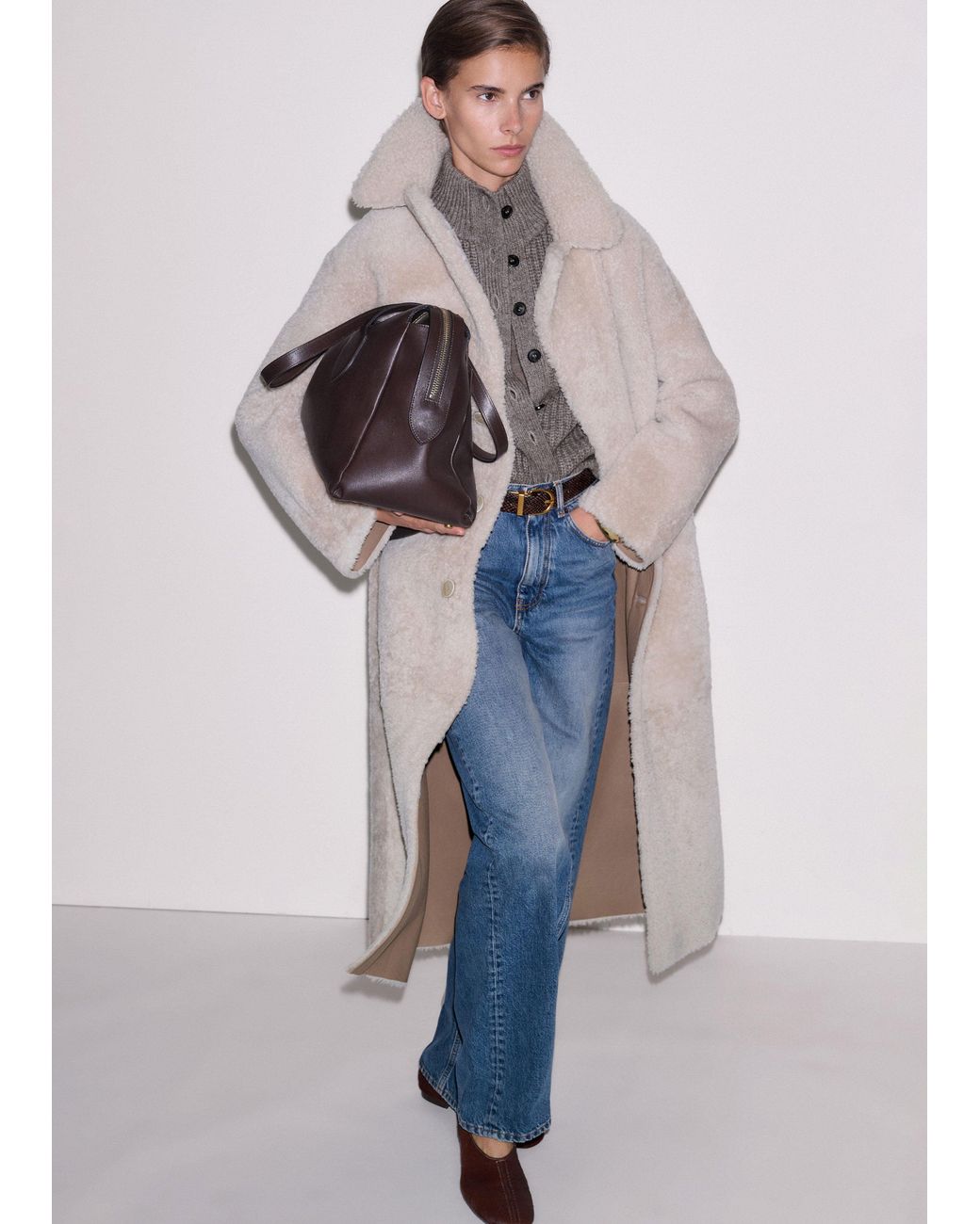 ME+EM Natural Reversible Shearling Coat + Belt