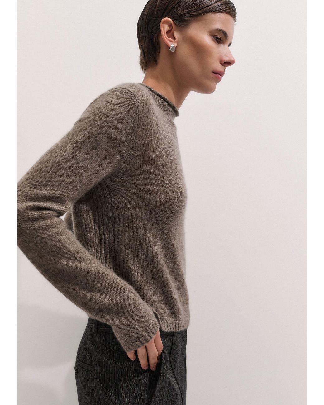 ME+EM Brown Merino Cashmere Silk High Neck Straight Jumper Hazelnut Melange
