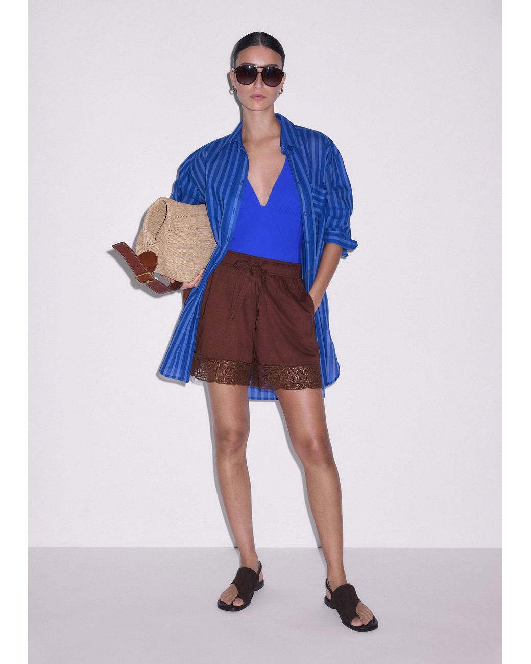 ME+EM Blue Cotton Lace Trim Shorts