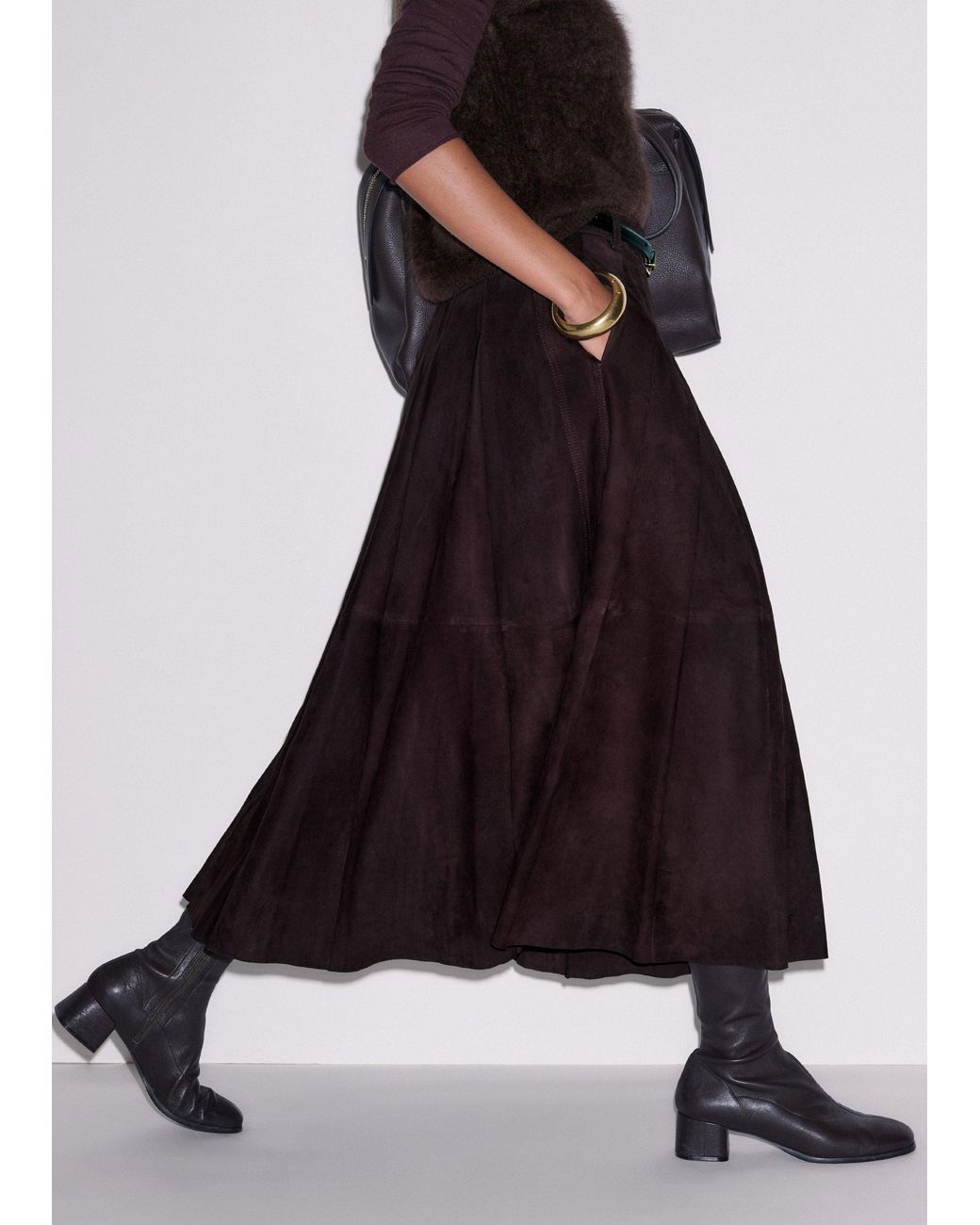 ME+EM Black Suede Pleated Maxi Skirt