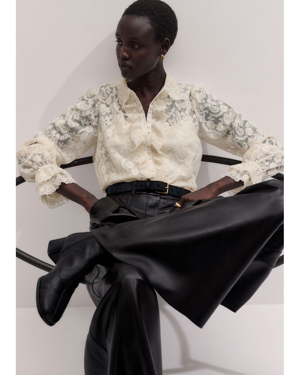ME+EM Natural Embroidered Tulle Ruffle Blouse + Cami